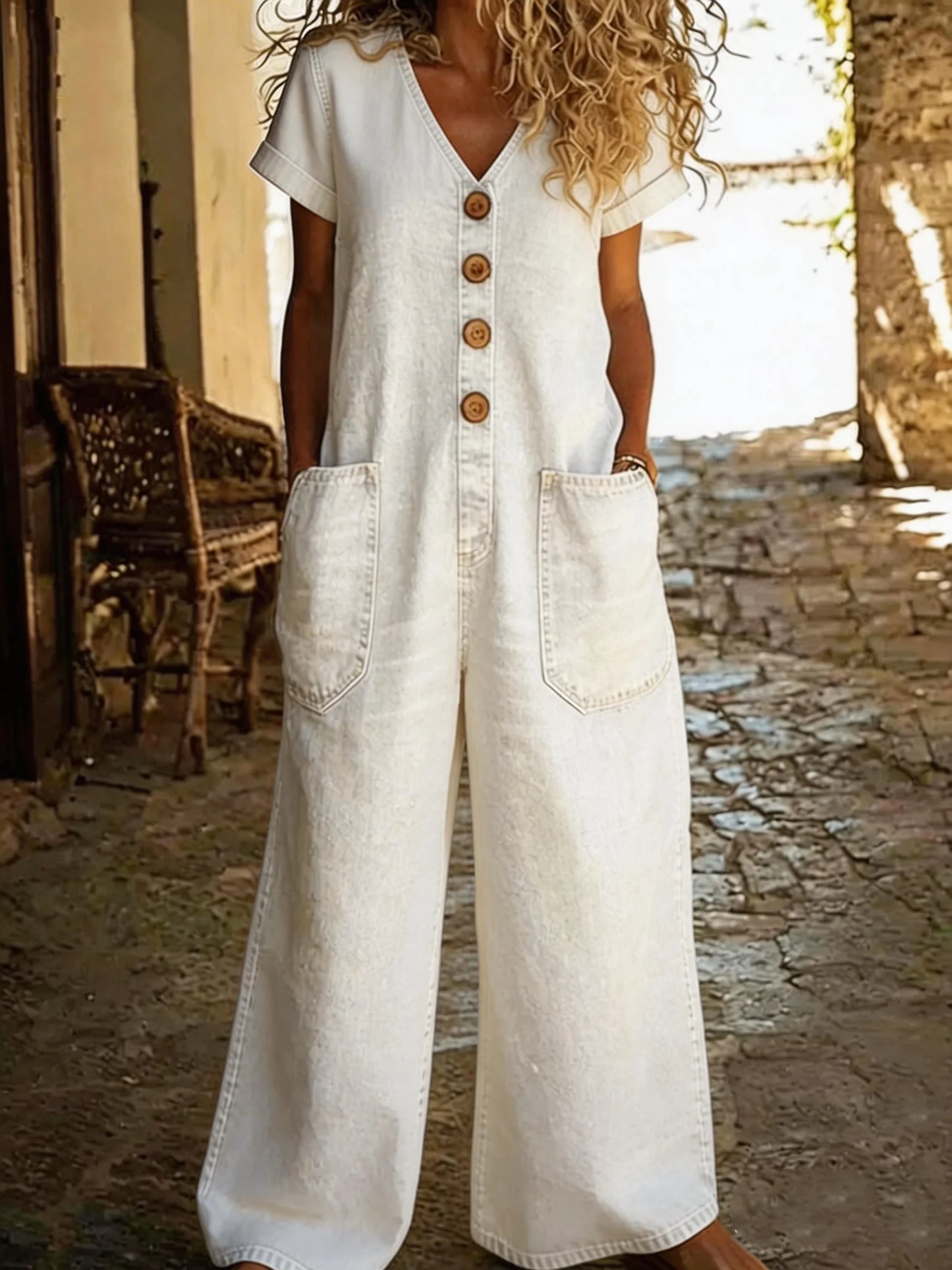 Denise | Denim Jumpsuit met V-hals en Korte Mouwen