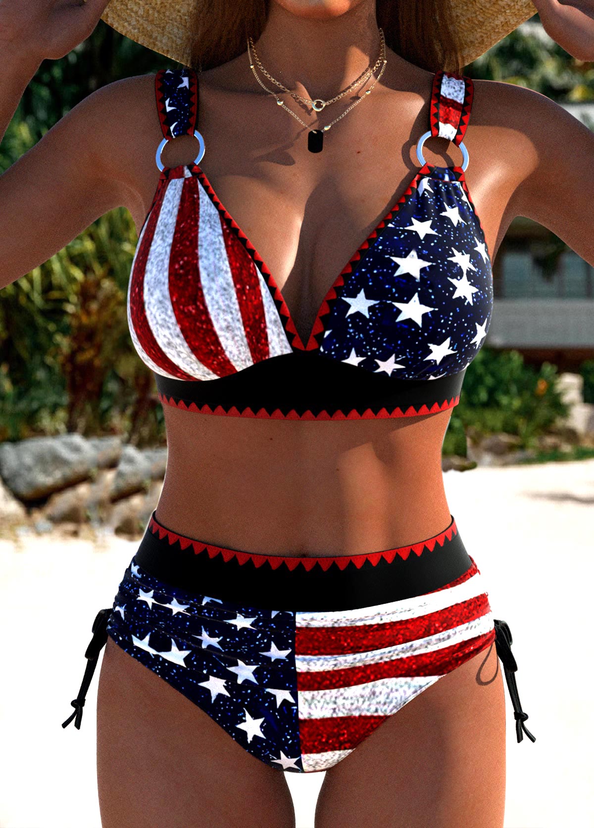 Stoere Multicolor Bikiniset met Amerikaanse Vlag en Hoge Taille I Laatste dag 80% korting!