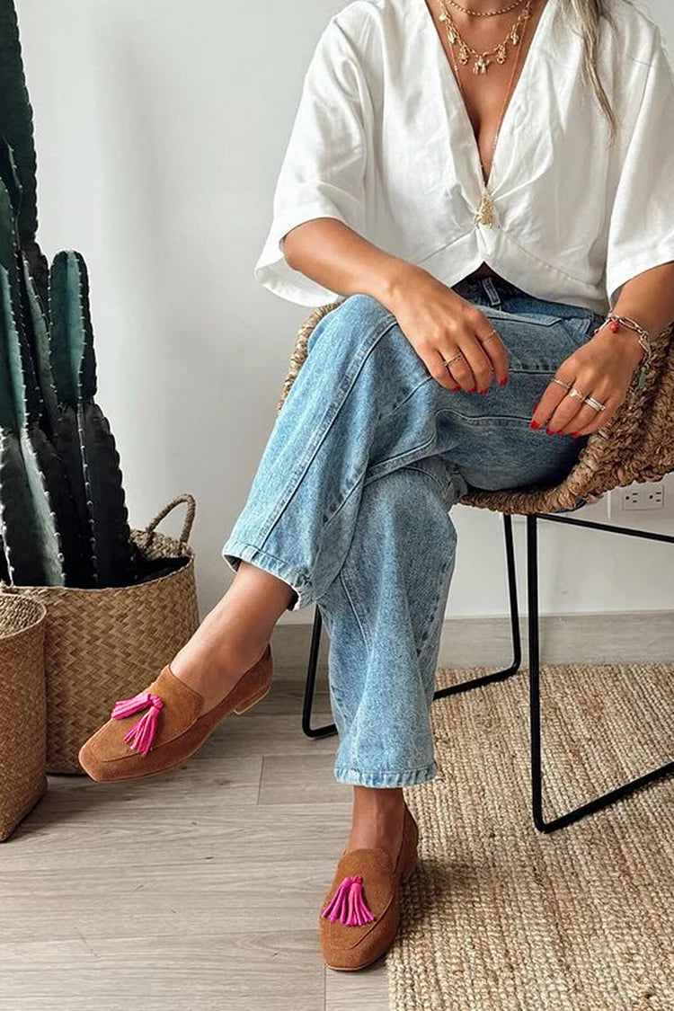 MONIQUE | BRUINE LOAFERS MET VIERKANTE NEUS EN COLOURBLOCK