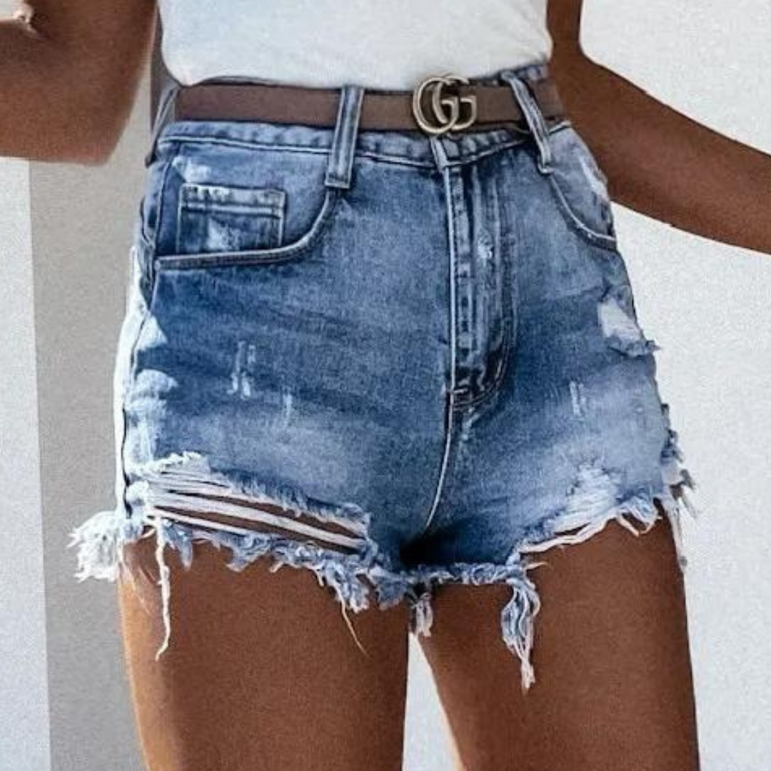 Denis - Hoog-Taille Versleten Denim Short met Franje voor Zomeravonturen