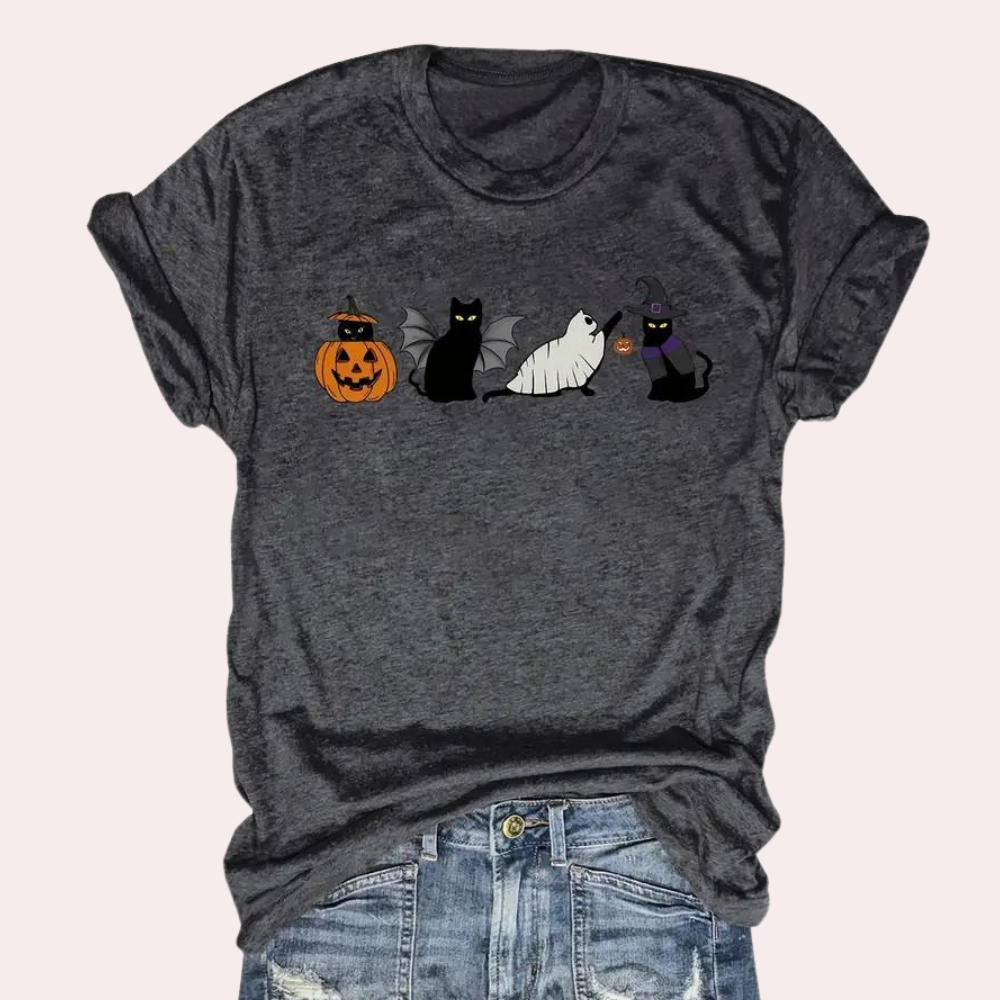Kati - Speels kat & pompoen grafisch zomers shirt