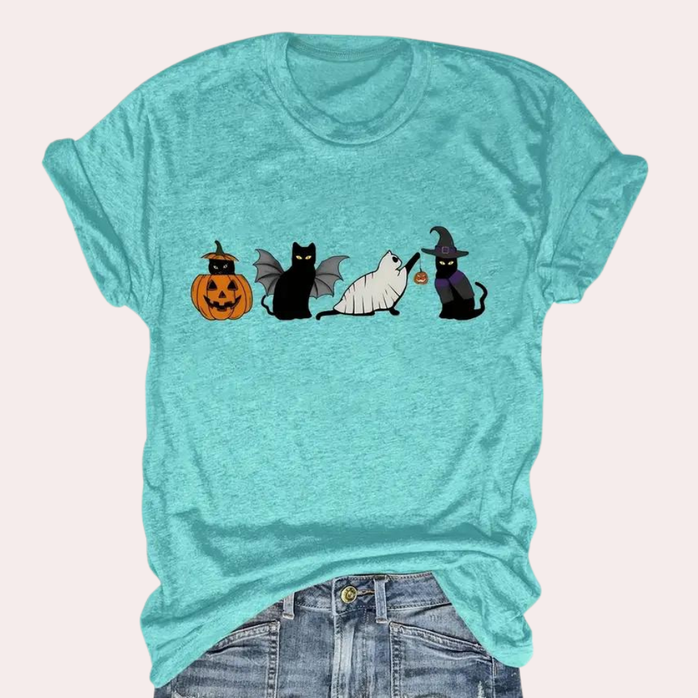 Kati - Speels kat & pompoen grafisch zomers shirt