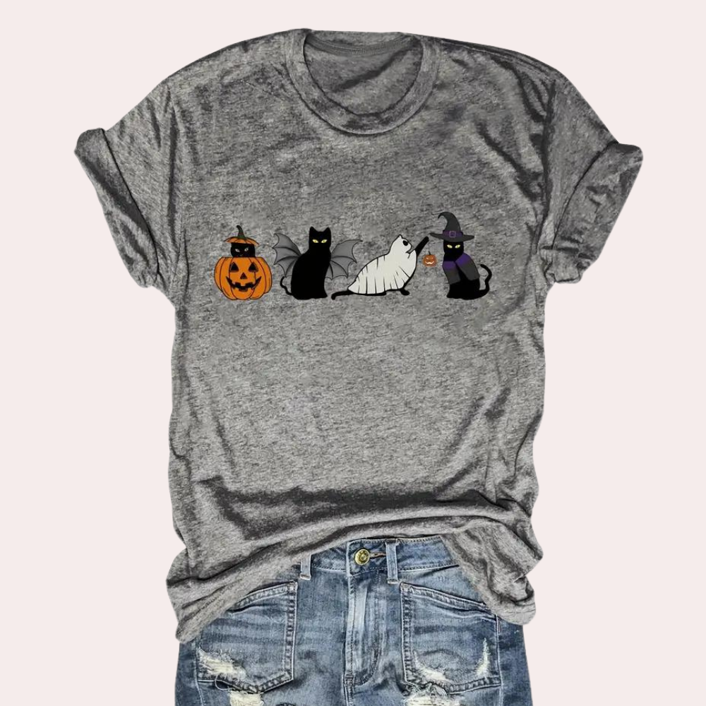 Kati - Speels kat & pompoen grafisch zomers shirt