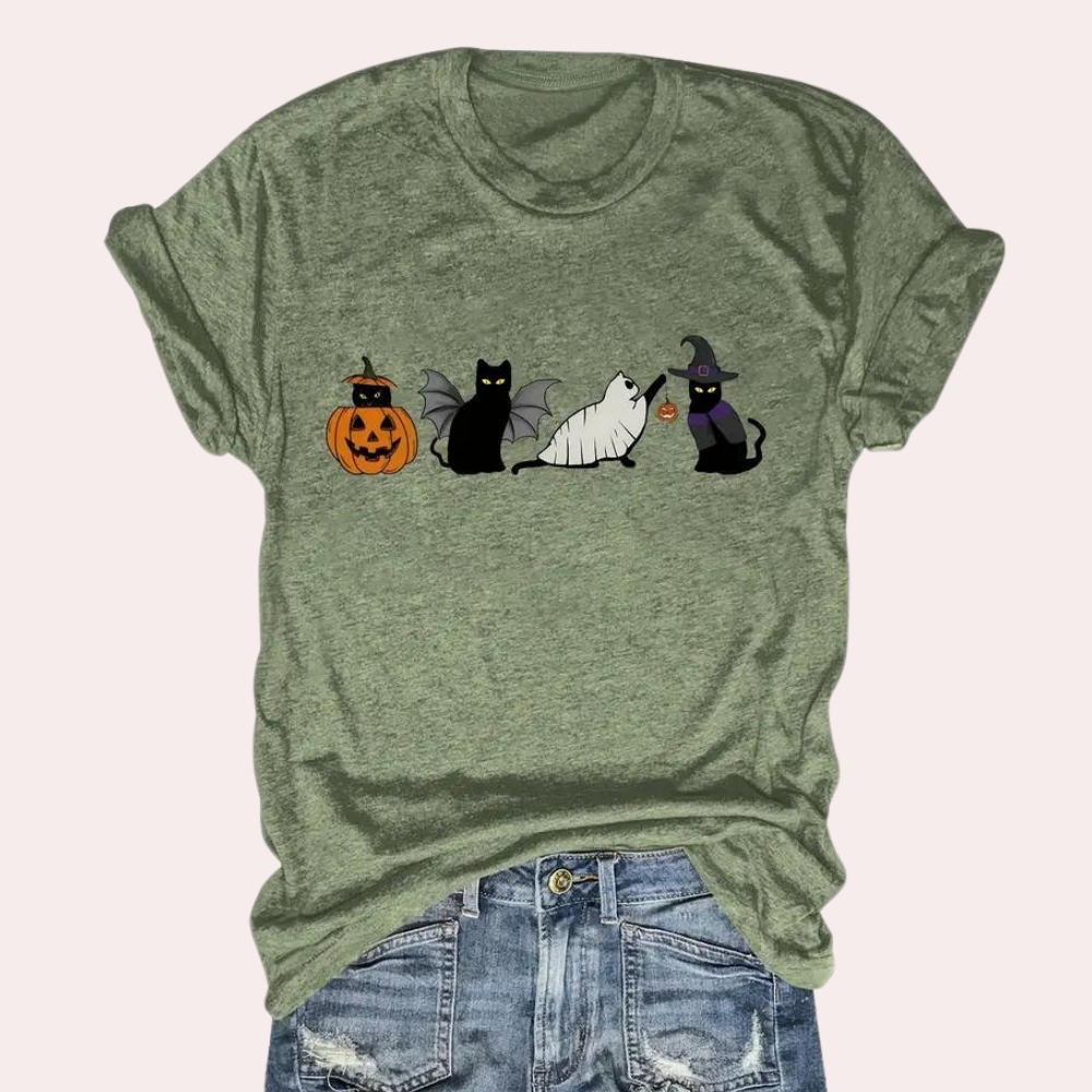 Kati - Speels kat & pompoen grafisch zomers shirt