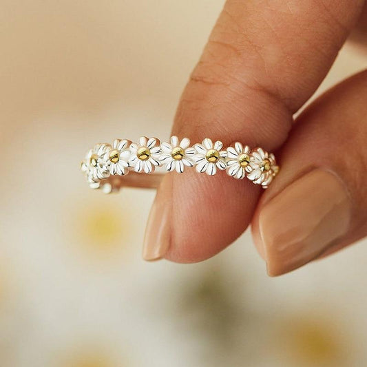 Verstelbare Zilveren Daisy Ring Hand-Emaille