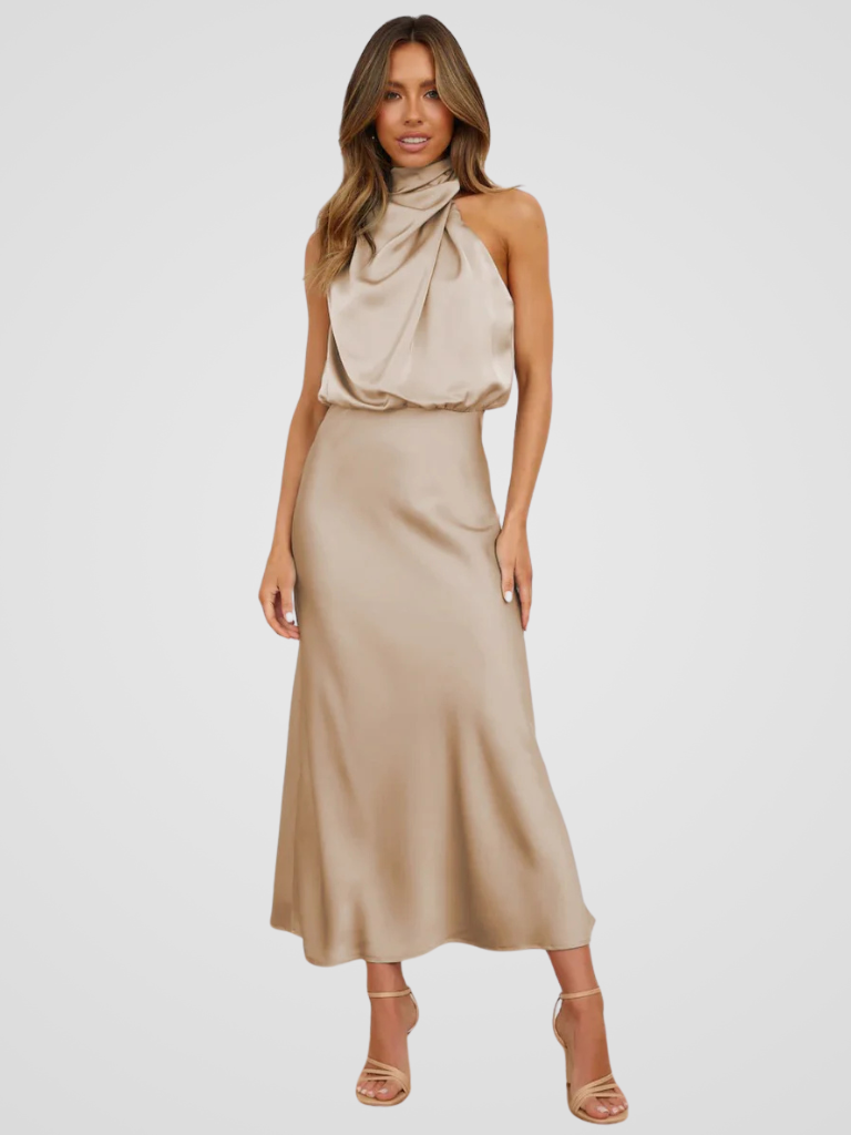 Élia™ | Midi-jurk met watervalhals en sierlijke drapering