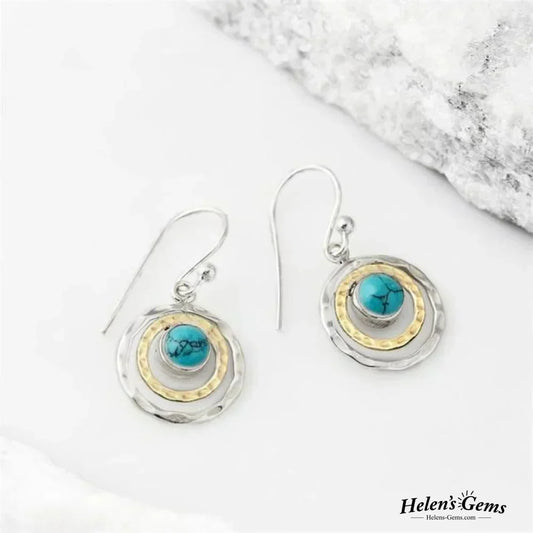 Boho Saturnus Oorbellen met Turquoise Steen in Zilver en Goud
