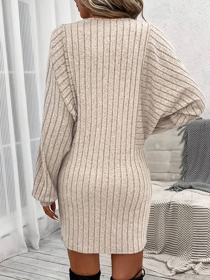 Casual beige gebreide jurk voor dames met ballonmouwen