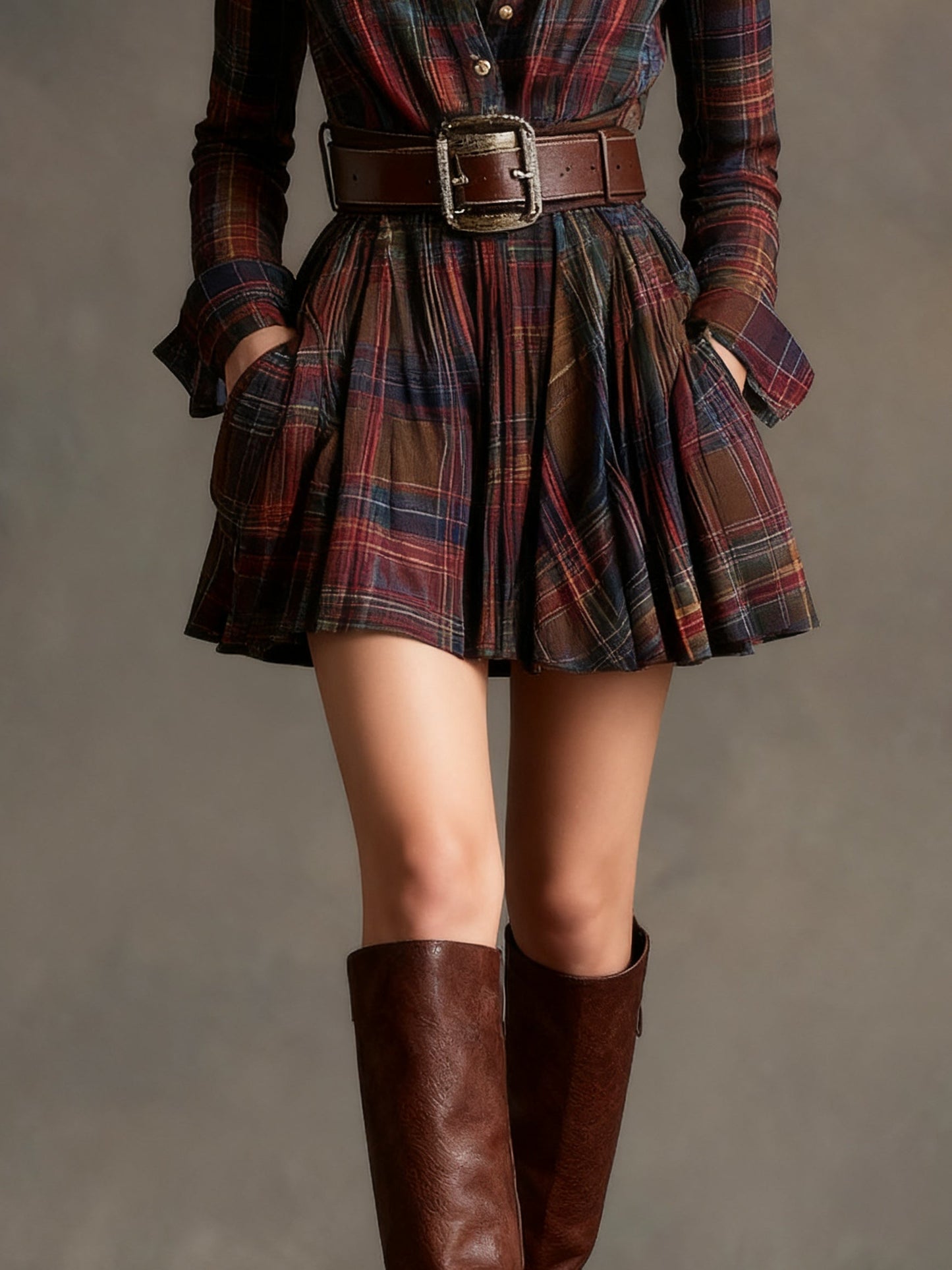 Vintage Rood En Bruin Geruit Mini Jurk (Inclusief Riem)