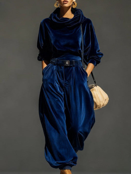 Vintage Bruine Fluwelen Hoodie En Losse Broek Set (Inclusief Riem)