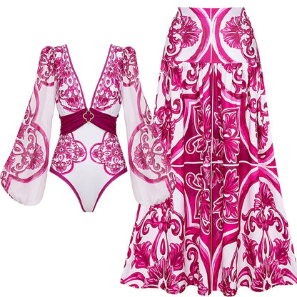 V-Hals One-Piece Badpak Met Vetersluiting En Print Inclusief Rokje