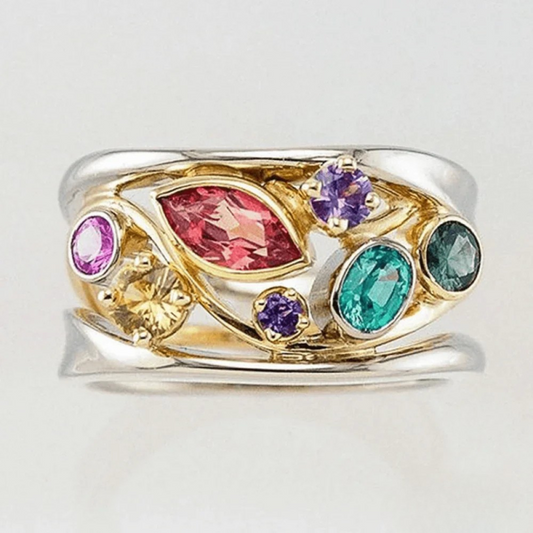 Vintage gouden en zilveren kleurrijke zirkonia ring