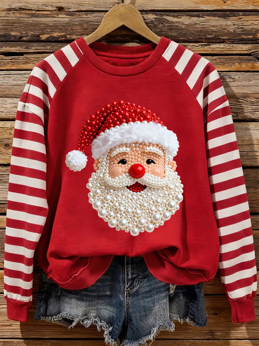 Mara – Kersttrui met parelaccenten en streepmouwen