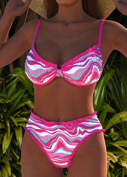 Vlotte Fuchsia Bikini met Gesmokte Golfprint I Laatste dag 80% korting!