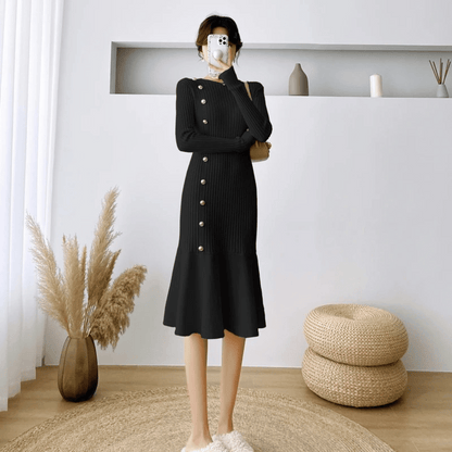 Gebreide jurk - elegante geribde dames midi-jurk