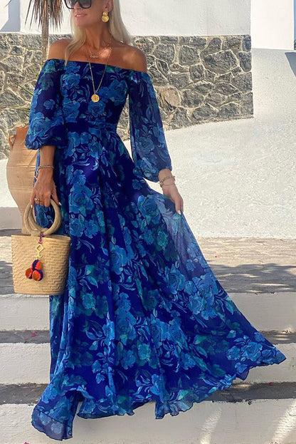 Francesca - Lange Jurk Met Bloemmotief En Off-The-Shoulder Mouwen