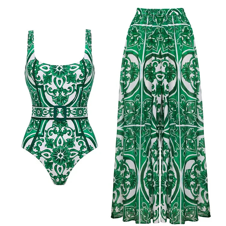 V-Hals One-Piece Badpak Met Vetersluiting En Print Inclusief Rokje