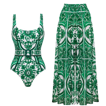 V-Hals One-Piece Badpak Met Vetersluiting En Print Inclusief Rokje