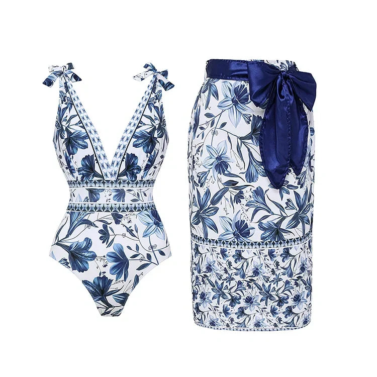 V-Hals One-Piece Badpak Met Vetersluiting En Print Inclusief Rokje