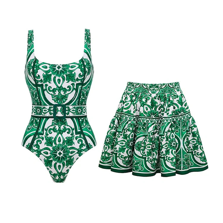 V-Hals One-Piece Badpak Met Vetersluiting En Print Inclusief Rokje