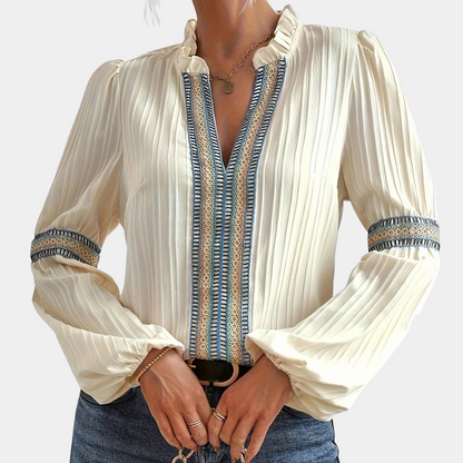 Teodora - Luxe Dames V-hals Zomerblouse met Ruches