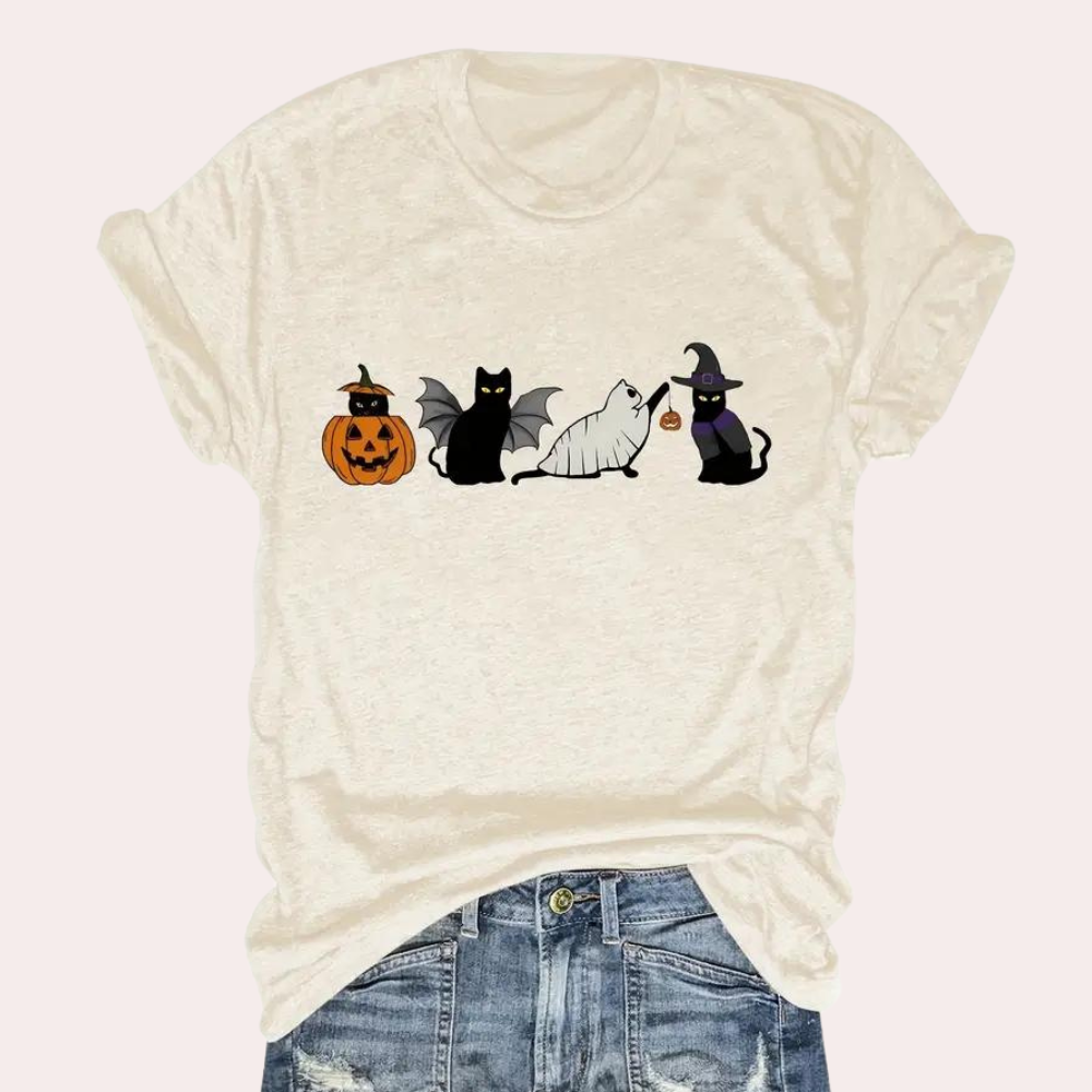 Kati - Speels kat & pompoen grafisch zomers shirt