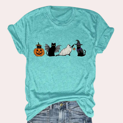 Kati - Speels kat & pompoen grafisch zomers shirt