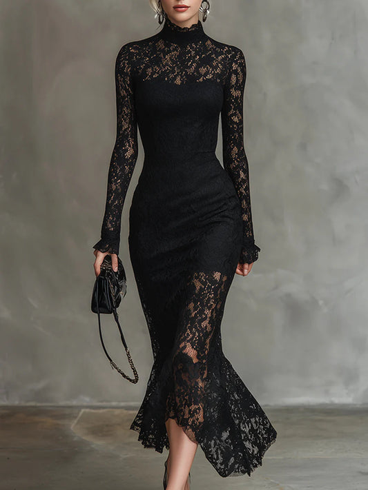 Elegante Zwarte Stretchy Kant Fishtail Maxi Jurk