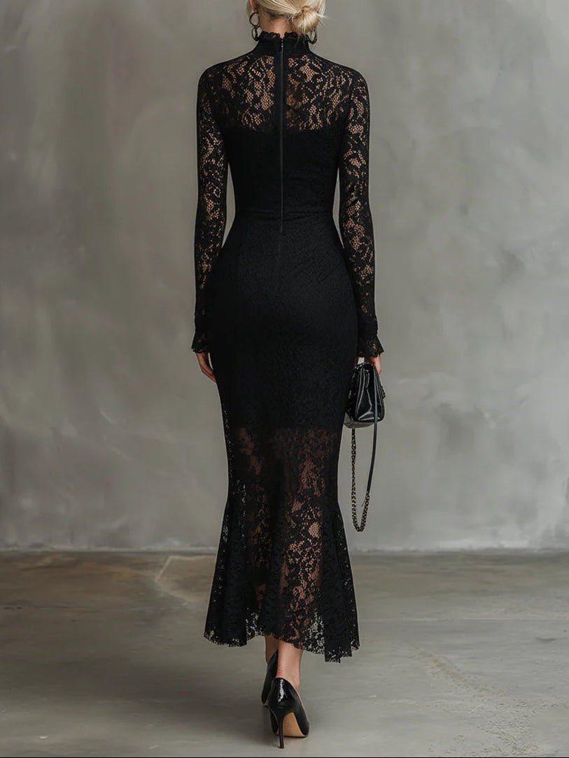 Elegante Zwarte Stretchy Kant Fishtail Maxi Jurk