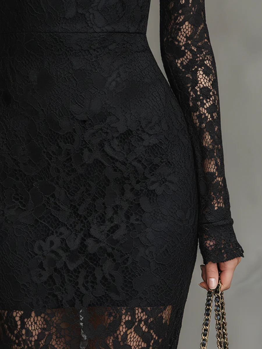 Elegante Zwarte Stretchy Kant Fishtail Maxi Jurk