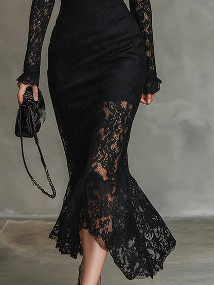 Elegante Zwarte Stretchy Kant Fishtail Maxi Jurk