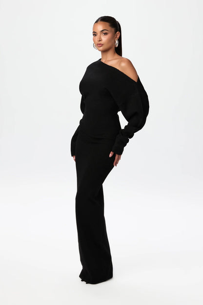 Dames gebreide jurk - chique off-shoulder stijl voor elegante avonden - premium stof, flatterende pasvorm