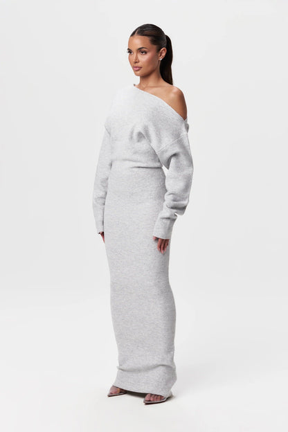 Dames gebreide jurk - chique off-shoulder stijl voor elegante avonden - premium stof, flatterende pasvorm