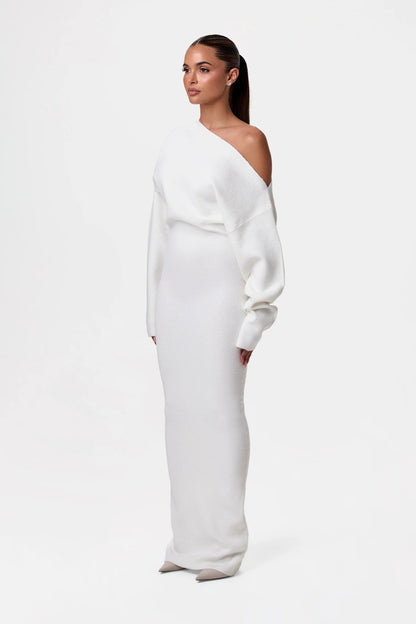 Dames gebreide jurk - chique off-shoulder stijl voor elegante avonden - premium stof, flatterende pasvorm