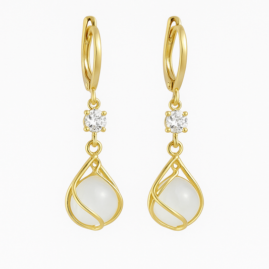 Vintage Wit Opaal Bungelende Gouden Oorbellen