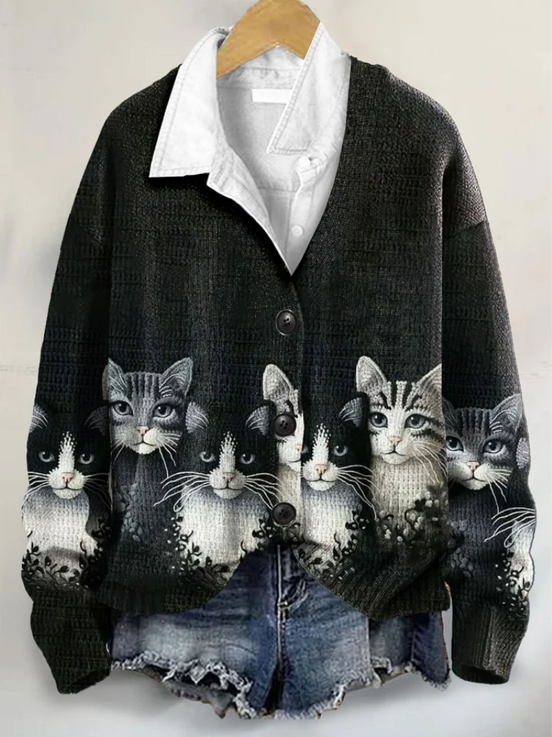 Lien – Gebreide blouse met kattenprint