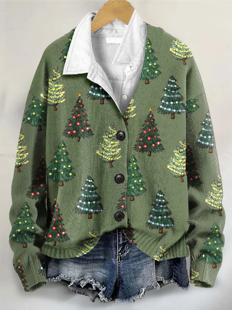 Elena – Kerstblouse met feestelijke dennenprint