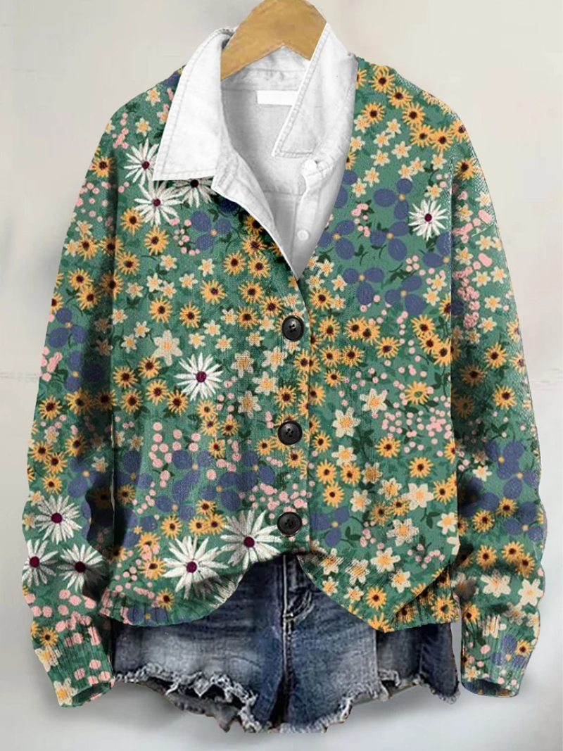 Noor – Gebreide blouse met winterse bloemenprint
