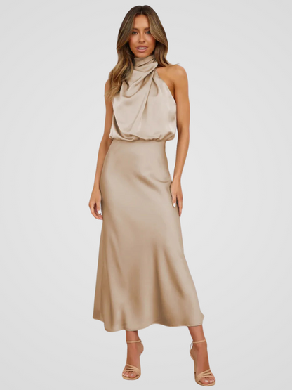 Élia™ | Midi-jurk met watervalhals en sierlijke drapering
