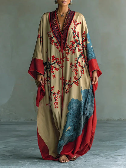 Japanse Rode Prunusblossom Maxi-Jurk Met Vleermuismouwen En Print