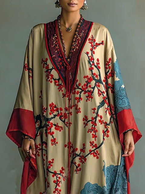 Japanse Rode Prunusblossom Maxi-Jurk Met Vleermuismouwen En Print