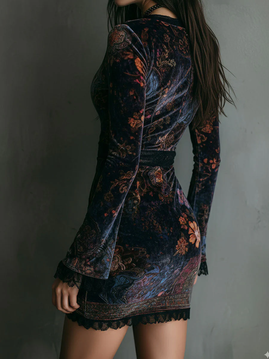 Floral Print V-Hals Fluwelen Mini Jurk Met Kantafwerking