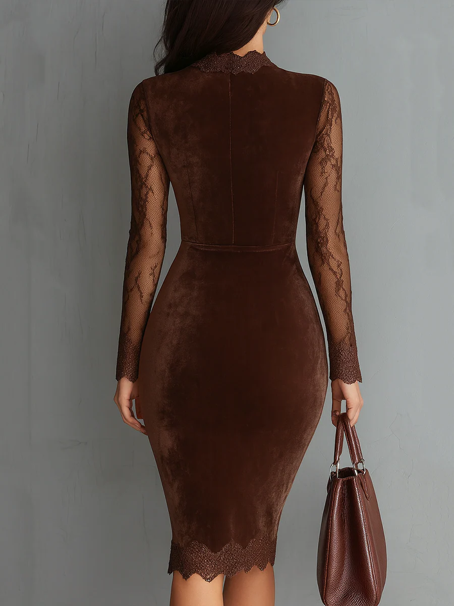 Bruine Vintage Sleutelgat Halslijn Kanten Mouwen Fluwelen Mini Jurk
