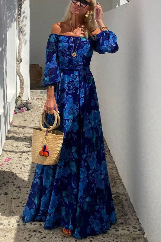 Francesca - Lange Jurk Met Bloemmotief En Off-The-Shoulder Mouwen