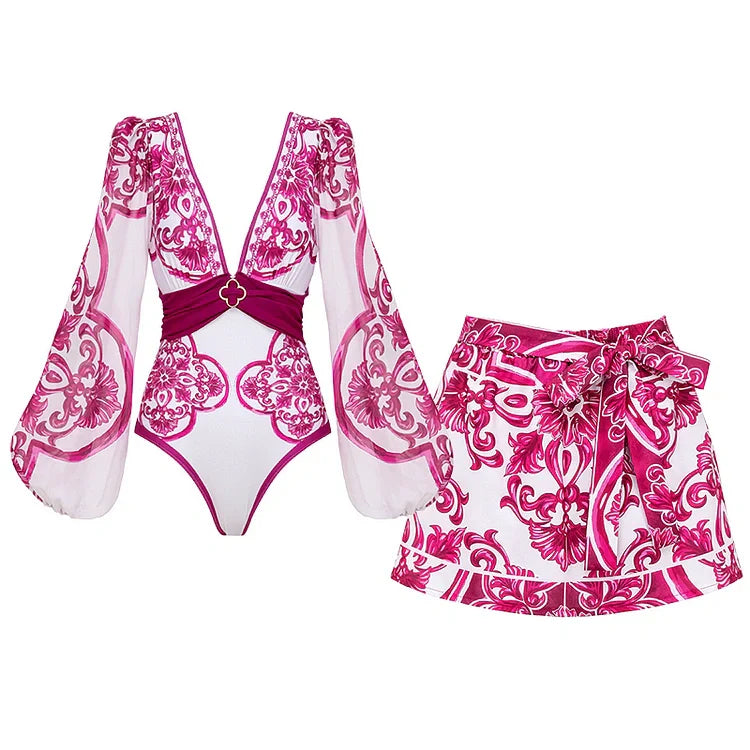 V-Hals One-Piece Badpak Met Vetersluiting En Print Inclusief Rokje