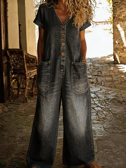 Denise | Denim Jumpsuit met V-hals en Korte Mouwen