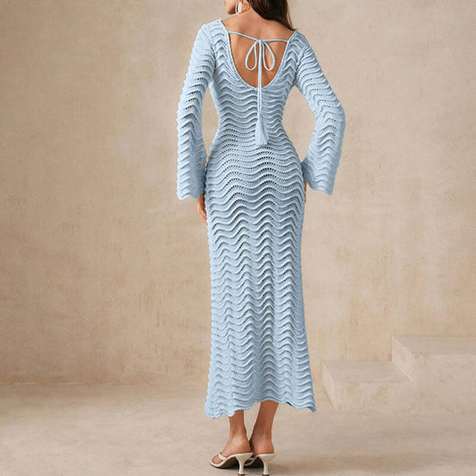 Vrouwen gebreide jurk met uitlopende mouwen - elegante haakwerk midi jurk voor dames