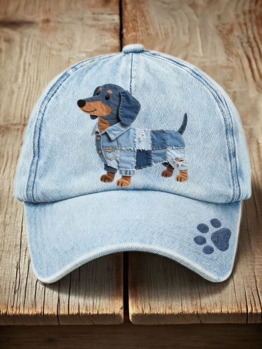 Unisex patchwork denim pet met teckel