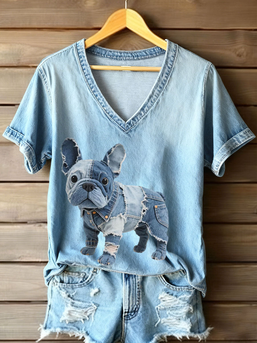 Dames T-shirt met V-hals in Franse buldog-stijl